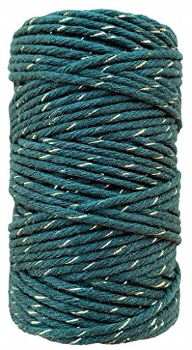 Makramee Garn. Baumwollgarn Kordel. 100% Natur Baumwoll-Kordel. Gold- oder Silberfaden. Perfekt für Basteln, DIY, Handwerk & Stricken. 100% Natur Baumwollgarn, Dicke Macrame (Grün Gold, 60m/2mm)