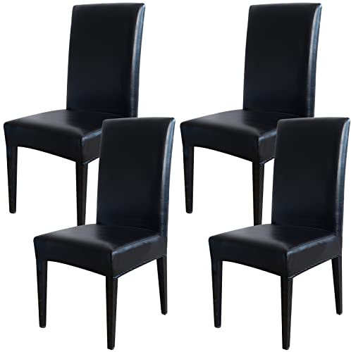 Qubjus Esstisch Stuhl Abdeckungen, solide Pu Leder wasserdicht ölfest Stretch Esstisch Stuhl Protector Abdeckung Slipcover (Schwarz, 4 Pack)