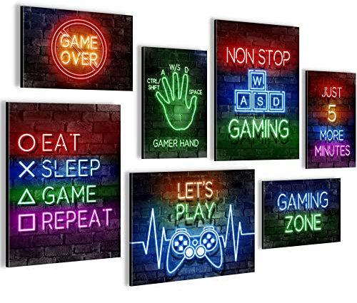 Novart Wandbilder Spielkonsole Gamer - KOMPLETT AUFHÄNGFERTIG - Bunt Kinderzimmer Junge Teenager - 7 Moderne Mood-Bilder - N005271a