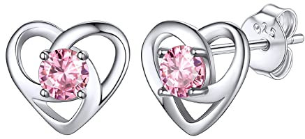Bestyle Sparkle Rose Quartz CZ Earring Pink Crystal Stud Heart Synthetic Tourmaline October Birthstone Earrings for Women Sterling Silver Heart Celtic Knot Earring Tennis Jewelry Gifts