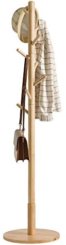 IBUYKE Freistehende Kleiderständer in Baumform, Garderobenständer Holz Bodenständer, Standgarderobe Runde Basis, Mit 8 Haken, Kleidung, Taschen, Schlafzimmer, Flur, Natürliche Farbe WD-115