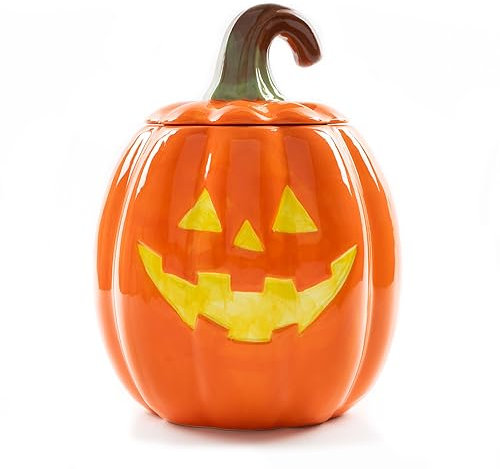 100 North Dolomite Ceramic 10.5 x 7.9 Halloween Cookie & Candy Jar with Airtight Lid: Perfect for Kitchen Canisters, Pet Treat Containers & Fall Decorative Candy Dish, Pumpkin Jack-O-Lantern