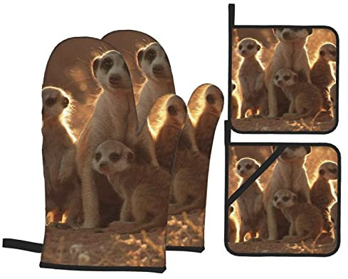Ofenhandschuhe und Topflappen mit süßen Erdmännchen, 4er-Set für Küche, Kochen, Grillen, Backen