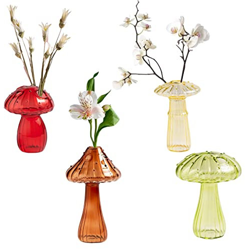 JYCRA 4 Stück Pilz-Glasvasen, 12,7 cm, schöne transparente Hydrokultur-Vase für Heimbüro-Dekoration