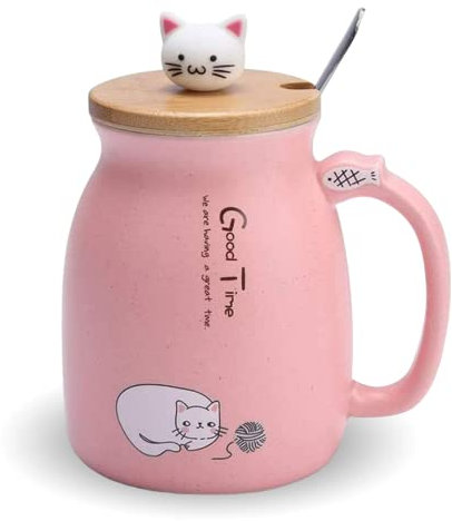 Taza de gato Kawaii con cuchara y tapa de madera - 450ml de capacidad - Taza para café, té, leche... - Tazas de gatitos para niñas/os, jóvenes y adultos - Regalo para amantes de los gatos Color rosa