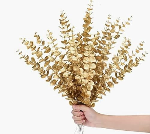 Topspitgo Eukalyptus Deko künstlich Zweig Deko Gold,10 Stöcke Artificial Flowers Eukalyptusblätter Benutzt für Weihnachts Dekorative Heimdekoration Hochzeit Blumenarrangement Grünpflanzen