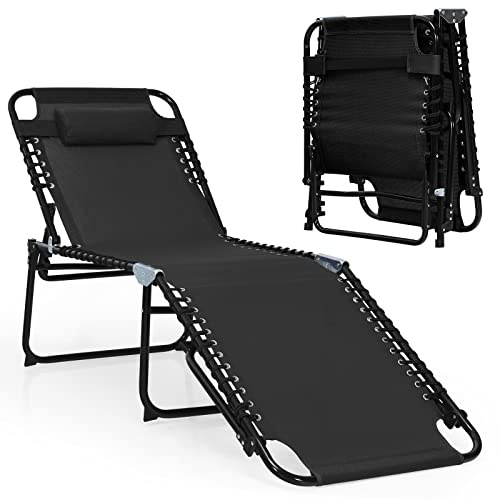 COSTWAY Klappbarer Chaiselongue-Sessel, Faltbare Pool-Liege mit 4-Fach Verstellbarer Rückenlehne, 2-Positionen-Fußstütze und weichem Kissen, Terrassen-Sonnenstuhl für Strand, Pool (1, Schwarz)