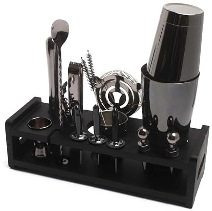 Cocktail Kit | Set Cocktail de 17 Pièces | Shaker Cocktail en Noir | Premium Kit Cocktail avec Jigger, Cuillère, Pilon et Filtre | Kit Cocktail Complet pour Barman | Shaker Boston en Acier INOX 304
