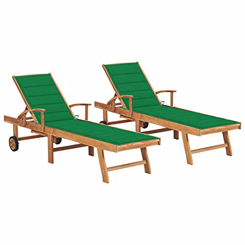JUNZAI Sonnenliegen 2 STK. mit Grünen Auflagen, Gartenliege, Strandliege, Relaxliege Garten, Saunaliege, Campingliege, Poolliege, Liege Garten, Massivholz Teak