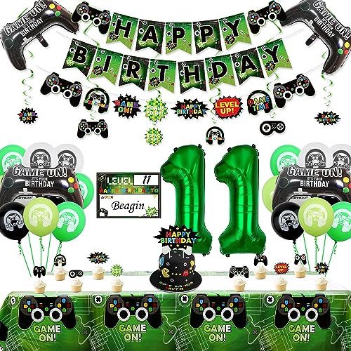 Video Game Party Decorations - 11th Birthday Decorations for Boys, Happy Birthday Banner, Video Game Tablecloth, Gaming Pattern Balloons, Controller Balloons, Hanging Sign, Game Party Supplies