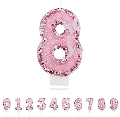 Geburtstagskerzen Zahlen 8,3D Schmetterling Geburtstagskerzen,Rosa Geburtstag Kerzen 8, Kuchen Topper Dekoration Kuchendeko Geburtstag, Geburtstagskerzen für Geburtstagsdeko