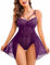 Avidlove Body Donna Sexy Babydoll Pizzo Lingerie Scollo a V Bodysuit Camicia da Notte Abito in Tulle con Chiusura sul Cavallo Viola Scuro S
