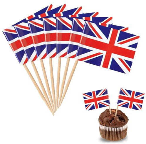 YXHZVON Bandera de Palillo de Cóctel, 100 PCS Palillos Bandera de Reino Unido, Mini Bandera para Fiesta Pastel Sándwiches Pub Frutas Decoración del Evento Real