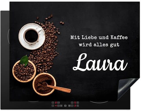 KitchenYeah© Herdabdeckplatte Personalisiert Einteilig Küche Herdabdeckung Ceranfeld Herdabdeckplatten Anti Rutsch Matte Aufrollbar mit Liebe und Kaffee wird alles gut - Name - Bohnen - 51L x 77B cm