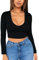 SamHeng Long Sleeve Crop Tops for Women Stretchy T-Shirt Ladies Short Plain Scoop Neck Top Sexy Slim Fit Casual Wear Black-L