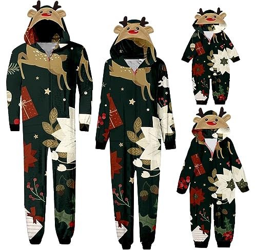 Fannyfuny Pigiama Invernale Caldo Cotone Tuta con Cappuccio Natalizio Pigiami Coordinati Famiglia Pigiama Natale Famiglia Pile Pigiama Tutone Uomo Natale Famiglia per papà Mamma Bambini Bambino