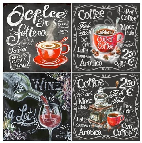 SHEGZHUC Diamond Painting Kaffee 4er Set 30x30cm Kaffee Bilder Für die Küche 5D Diamant Painting Kaffee Diamond Painting Weinflasche Diamant Painting Bilder Erwachsene Schwarz Weiss Kaffee