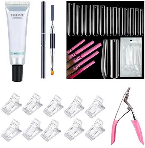Kit Uñas, Nail Kit de Tips Uñas Gel con 1pc 20g Pegamento Adhesivo Sólido para Parche de Uñas, 60PCS Uñas Postizas, Pluma de Cristal Doble Uso, 10PCS Nail Art Clip de Cristal, Cortaúñas, MELLTONG