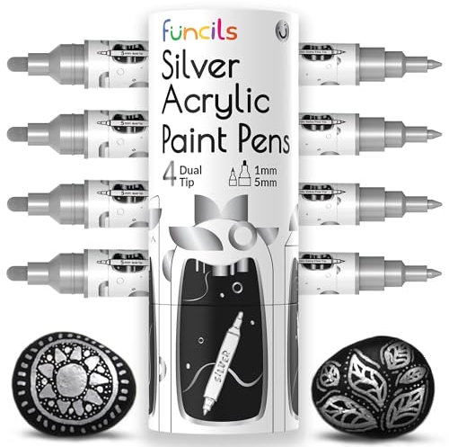 Funcils 4 Dual-Tip Acrylstifte Silber – Feine Spitze & Mittlere Spitze – Silberner Stift für Steine, Leinwand, Holz, Keramik, Glas, Stoff, Reifen und Schuhe – Acrylstifte für Kinder & Erwachsene