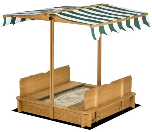 Outsunny Arenero para Niños de Madera Arenero con Toldo Ajustable Respaldos Desmontables y 2 Bancos para Jardín Patio 106x106x121 cm Natural y Rayas Verdes