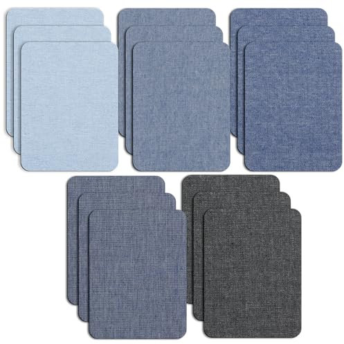 COMNICO Denim Patches for Jeans Kit, 15 PCS Jean Patches 5 Colors Light Blue Iron on Patches Sew on Jean Patches Repair Kit for Clothing Jeans Repair
