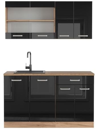 Vicco Singleküche R-Line, Schwarz Hochglanz/Goldkraft Eiche, 140 cm, AP Eiche