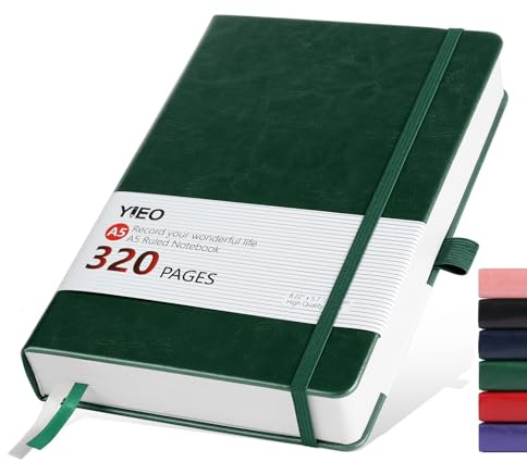 Notebook A5, Hardback A5 Notebook Thick Journal Notebook 320 Pages 100GSM A5 Lined Note Book Hardcover Notepad with Inner Pocket, Pen Loop, Elastic Closure and 2 Ribbon Page Marker,14.5 x 21cm-Green