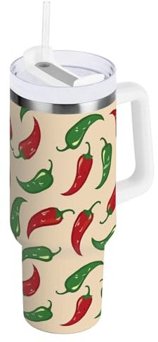 Red and Green Chili Peppers Edelstahlbecher mit Griff und Strohhalm, wiederverwendbar, isoliert, Reisebecher, 1,2 l