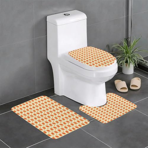 AELKSP Badezimmerteppich Set 3 Teilig,Orangefarbenes geometrisches Ornament.,rutschfest Waschbar Badvorleger Set,Saugfähig Badematte Badteppich Set mit