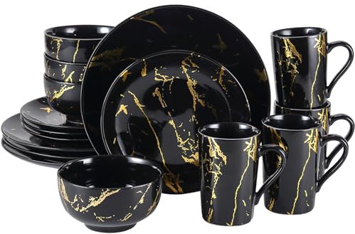 Loymokinar Modern Porcelain 16 Piece Black Dinnerware Set,Plates and Bowls Sets,Gold Dish Set for 4,Black Dinnerware Set,Dinner Sets with Dinner Plates.