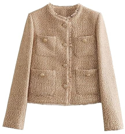 Generisch Damen Tweed-Blazer, Jacken, lässig, langärmelig, Button-Down, Cropped-Jacke, Mantel, Tops mit Taschen