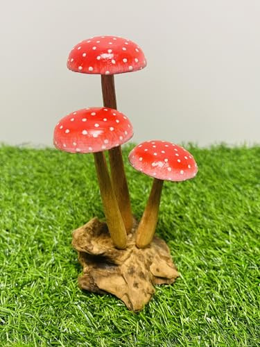 My Square Mile Wooden Mushroom Garden Ornament | Teak Wood For Indoor & Outdoor Use | Hand Carved Garden Sculpture (Red Tall 3 Mushroom)