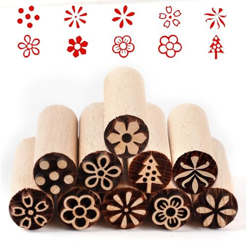 Fhioevt 10 Stück Holzstempel Ton Stempel Keramik Stempel Holz Blume Tontöpferstempel Holzkeramikstempel Runde Holzgriffstempel Dekorativer Tonstempel Stempelset für Ton Kekse Modellieren