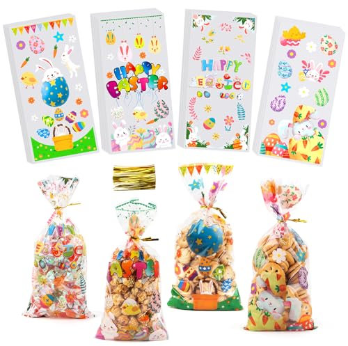 VMUTGA 100 Stück Plätzchentüten Ostern, Cellophantüten Süßigkeiten Tüten Geschenktüten Zellophantüten Kekstüten mit 100 Gold Twist Krawatten für Ostern Deko Bonbon Plätzchen Süßigkeiten Nüsse