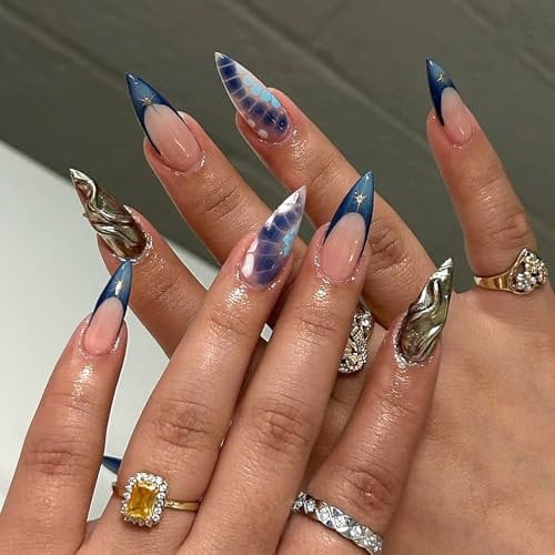 24Pcs Press on Nails Almond Medium, 3D Gold Embossed French Blue Tip False Nails, Stiletto Acrylic Fake Nails with Crocodile Pattern, Reusable Glossy Natural Full Cover Manicure Kit for Women Girls