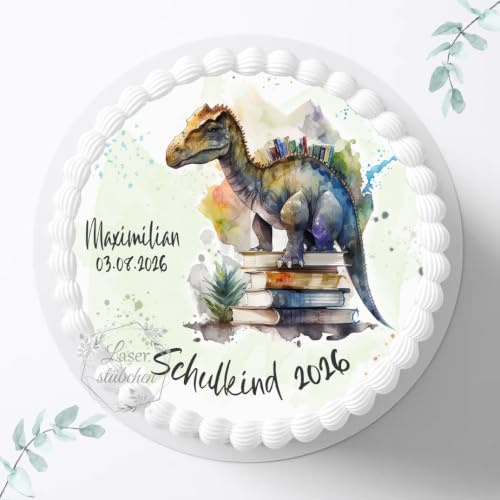 Tortenaufleger Dinosaurier zur Einschulung mit Wunschname & Datum personalisierbar, ⌀20cm Zuckerbild, Deko für Kuchen, Foto für Torten, Fondant S0023