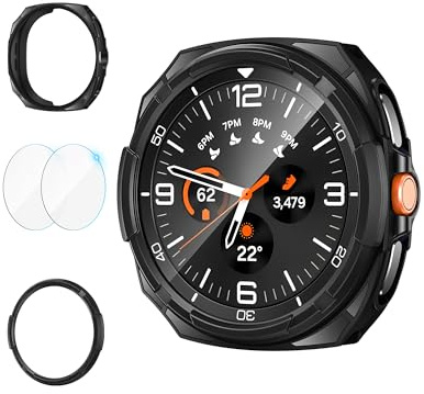 Kamita Schutzhülle Kompatibel mit Samsung Galaxy Watch 8 Classic 46mm, 1 Weiches TPU Bumper Case+1 Lünettenabdeckung+2 Displayschutzfolie aus Gehärtetem Glas für Galaxy Watch8 Classic 46 (Schwarz)