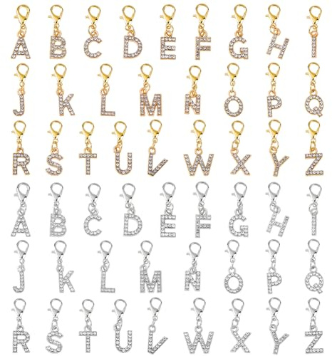 SUPERFINDIN 52 Pezzi 2 Colori Lettere Ciondolo Lega Cristallo Strass Alfabeto Ciondolo Con Chiusura A Moschettone Per Fai Da Te Artigianato Collare Portachiavi