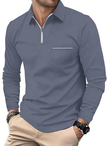 HMIYA Herren Poloshirt Langarm Poloshirt aus Baumwolle Atmungsaktiv Casual T-Shirts mit Tasche