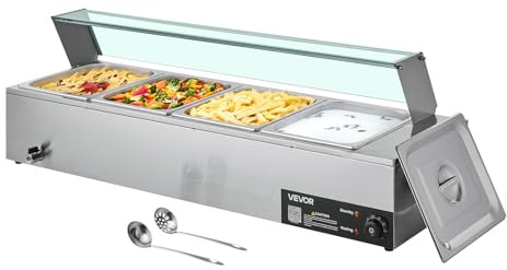 VEVOR Calentador de Alimentos Eléctrico de Acero Inoxidable 1500 W con Vapor y Cubierta de Vidrio, 4 Bandejas, Baño María con Cucharones, para Restaurantes y Fiestas, 1185 x 365 x 385 mm, Plata