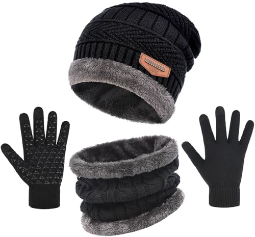 3-Pieces Winter Beanie Hat Gloves Scaef Thick Lined Warm Knit Hat Touch Screen Gloves Neck Warmer Cold Weather Men & Women