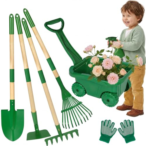 Hot Bee Schubkarre für Kinder mit Gartengeräte Set, Gartenwerkzeug Kinder Set mit Schaufel Rechen Hacke Gießkanne Handschuhen, Gartenspielzeug 3-8 Jahre, Grün