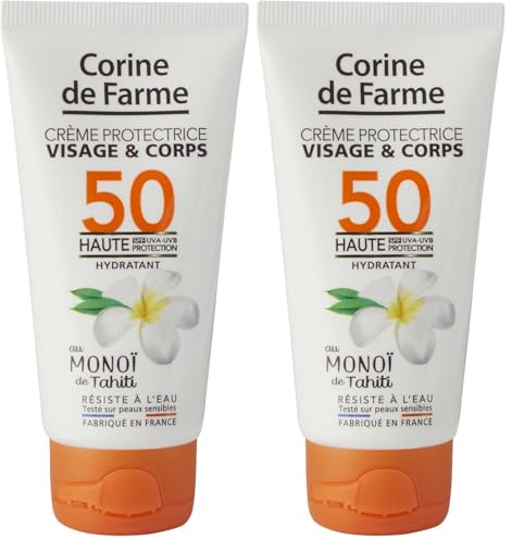 Corine de Farme - Crème Protectrice Visage & Corps SPF50 - Haute Protection UVA & UVB - au Monoï de Tahiti - Résiste à l'Eau - Fabriqué en France - 50ml (Lot de 2)