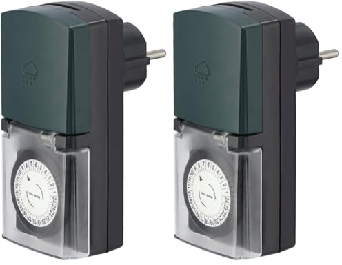 Hama Zeitschaltuhr für Außenbereich - Mechanische Steckdose, Analog mit 30 Minuten Intervallen, Kompakt - Schwarz/Grün (Packung mit 2)