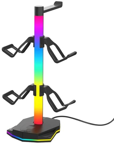 Lazmin112 RGB Headphone and Controller Stand with 2 USB Ports, 1 USB C Port, 7 Color Lighting Modes, Universal Fit for Headphones and 4 Game Controllers, Detachable Hook, Stable Base