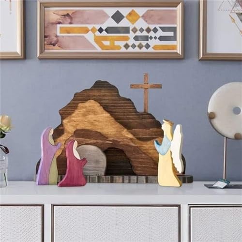 Oosterkrippe, Osterszene Holz Osterdekor Kreuz Auferstehungsszene Dekor, Osterkrippe Osterszene Holz Dekorations Set, Osterszenen Set für Ostern Tischschmuck Dekoration Osterdekoration (B)