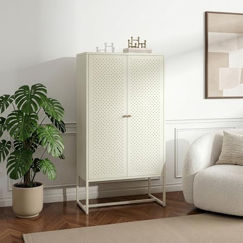 [en.casa] Wohnzimmerschrank Viitasaari Highboard mit 2 Türen Metallschrank aus Stahl 3 Fächer Büroschrank 150 x 80 x 40 cm Aufbewahrungsschrank Cremeweiß