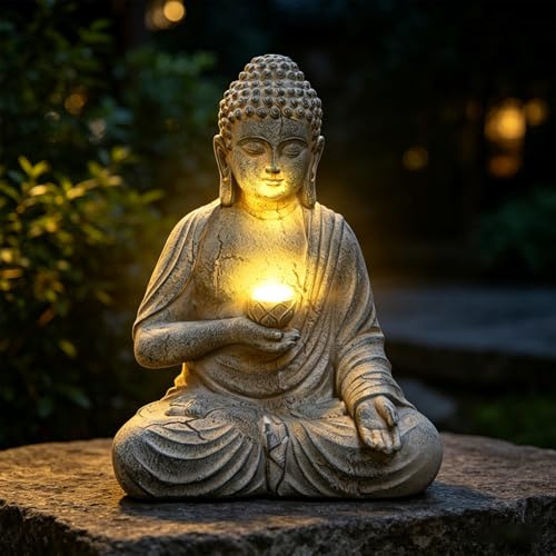 Yarteim Buddha Figur Garten mit LED Solar Lotus, 24cm Sitzende Buddha Statue, Budda Gartendeko für Draußen Wetterfest, Meditation Gartenfiguren Solarlichter Feng Shui Skulptur für Innen und außen