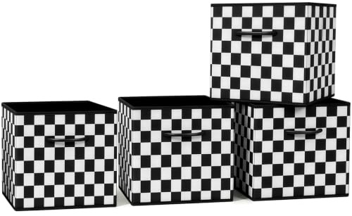 Collapsible Fabric Storage Cubes, Pack of 4 Foldable Boxes with Handles | Black White Checkerboard 27 x 27 x 27 cm | Non-Woven Fabric | Open-Top Cube Shelf Baskets For Wardrobes,Toys,Clothes& Nursery