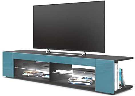 Vladon Lowboard Movie, TV-Kommode mit 4 offenen Fächern und Zierleisten, Schwarz matt/Petrol Hochglanz, inkl. LED-Beleuchtung weiß (134 x 29 x 39 cm)